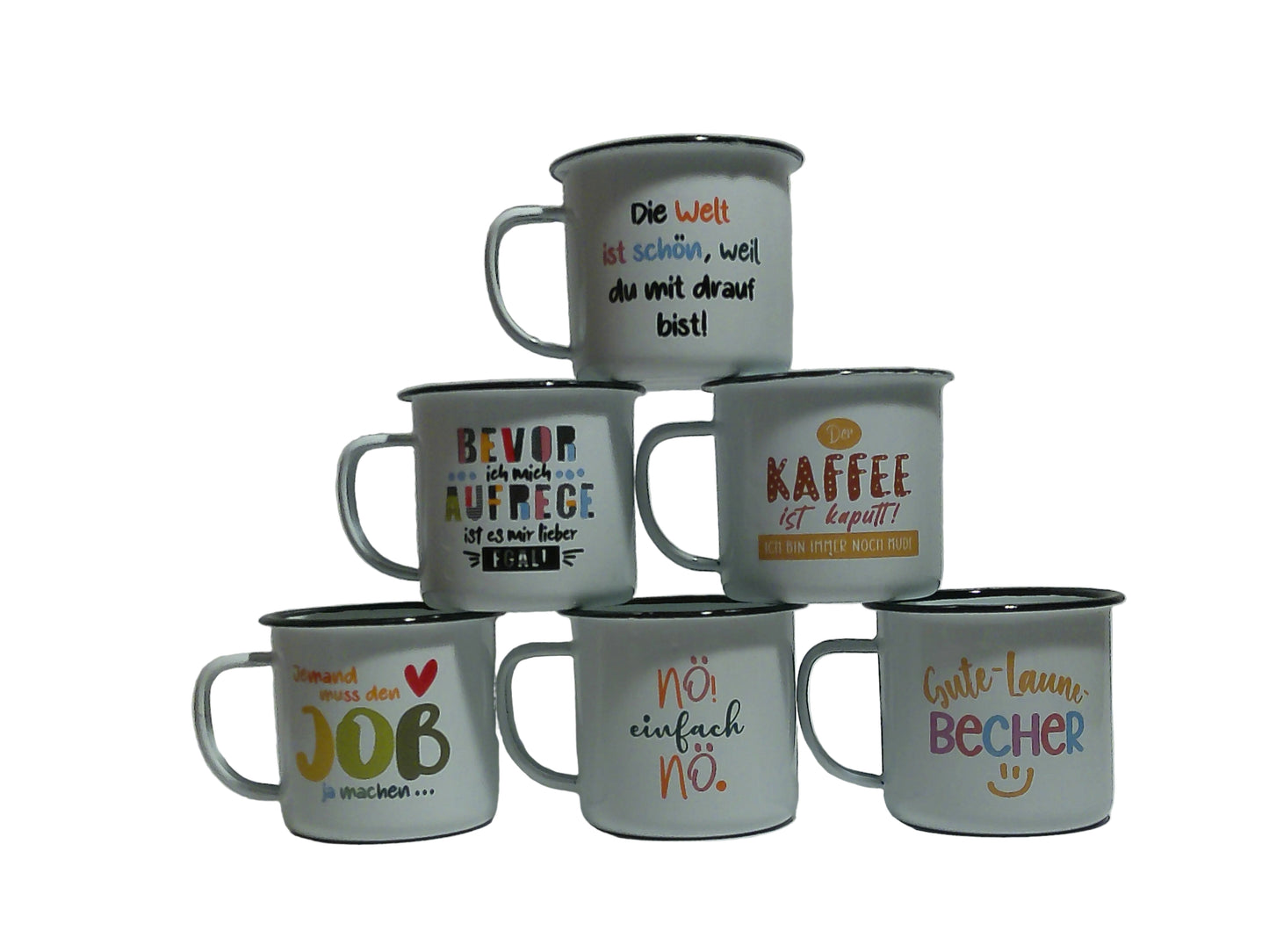 RETRO-Emaille Kaffeebecher 350 ml, bunt mit Spruch "Bevor ich mich AUFREGE..."