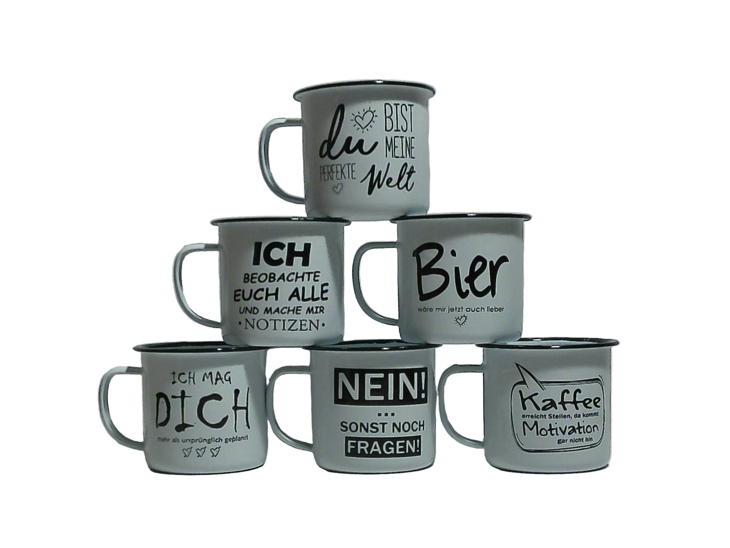RETRO-Emaille Kaffeebecher 350 ml, schwarz/weiß mit Spruch "Bier..."