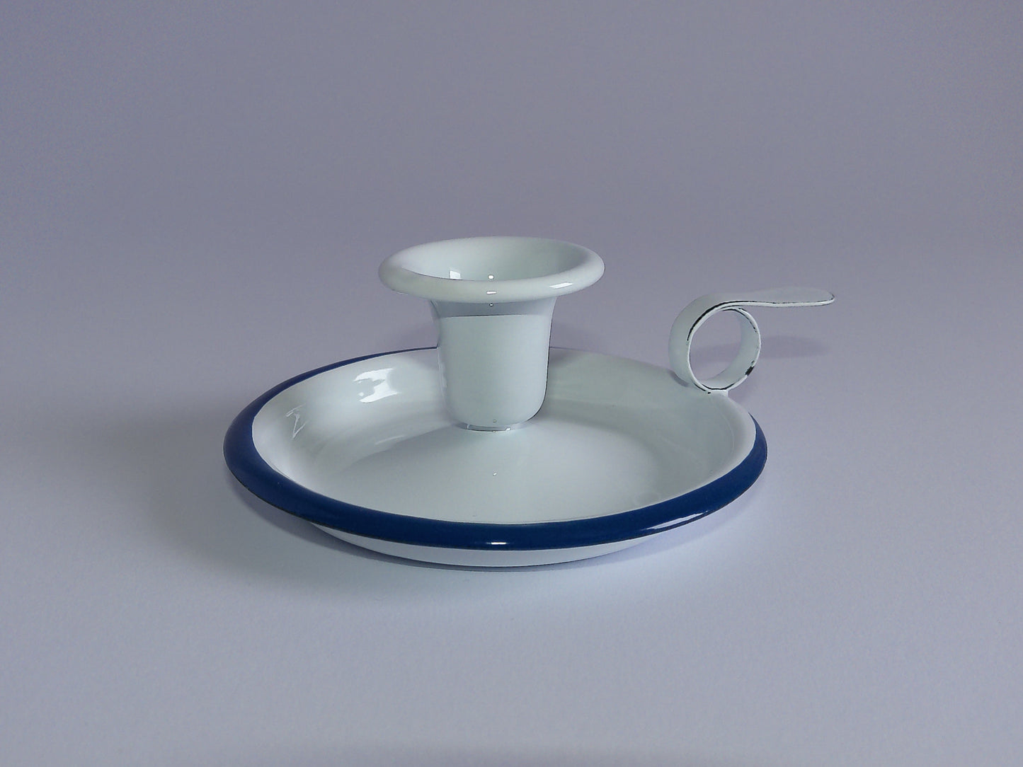 Münder Email Kerzenhalter emailliert 14,5 cm x 13,0 cm x 6 cm, Farbe weiß mit blauem Rand