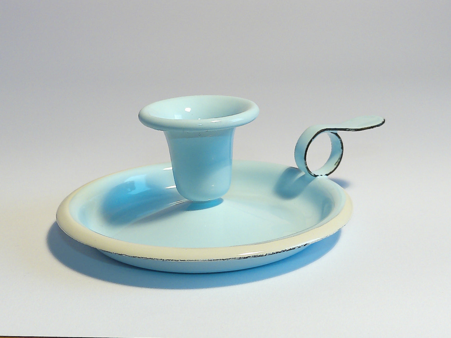 Münder Email Kerzenhalter emailliert 14,5 cm x 13,0 cm x 6 cm, Farbe hellblau mit weißem Rand