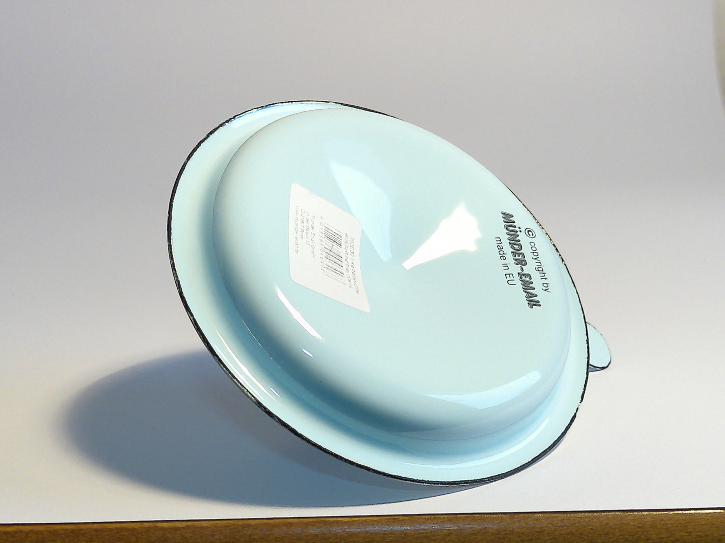 Münder Email Kerzenhalter emailliert 14,5 cm x 13,0 cm x 6 cm, Farbe hellblau mit weißem Rand