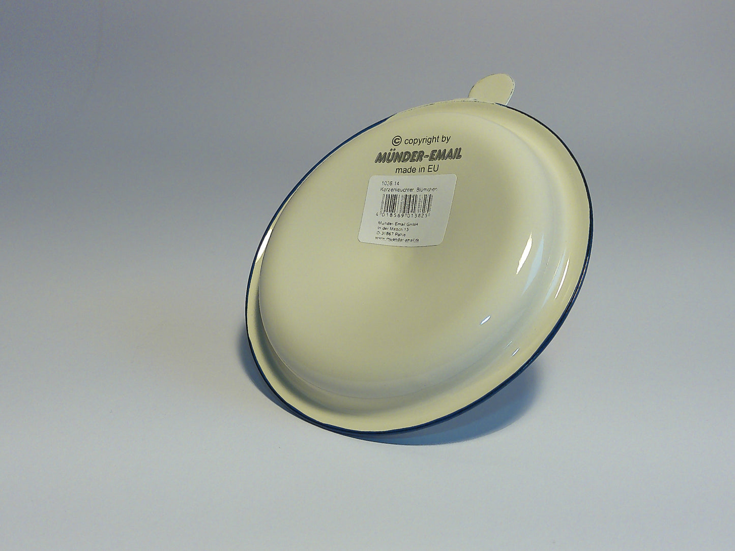 Münder Email Kerzenhalter emailliert 14,5 cm x 13,0 cm x 6 cm, Farbe creme mit blauem Rand und Blümchen