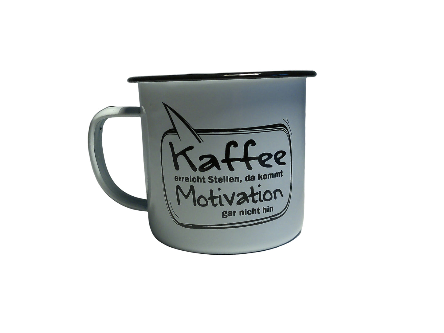 RETRO-Emaille Kaffeebecher 350 ml, schwarz/weiß mit Spruch "Kaffee erreicht Stellen,... "