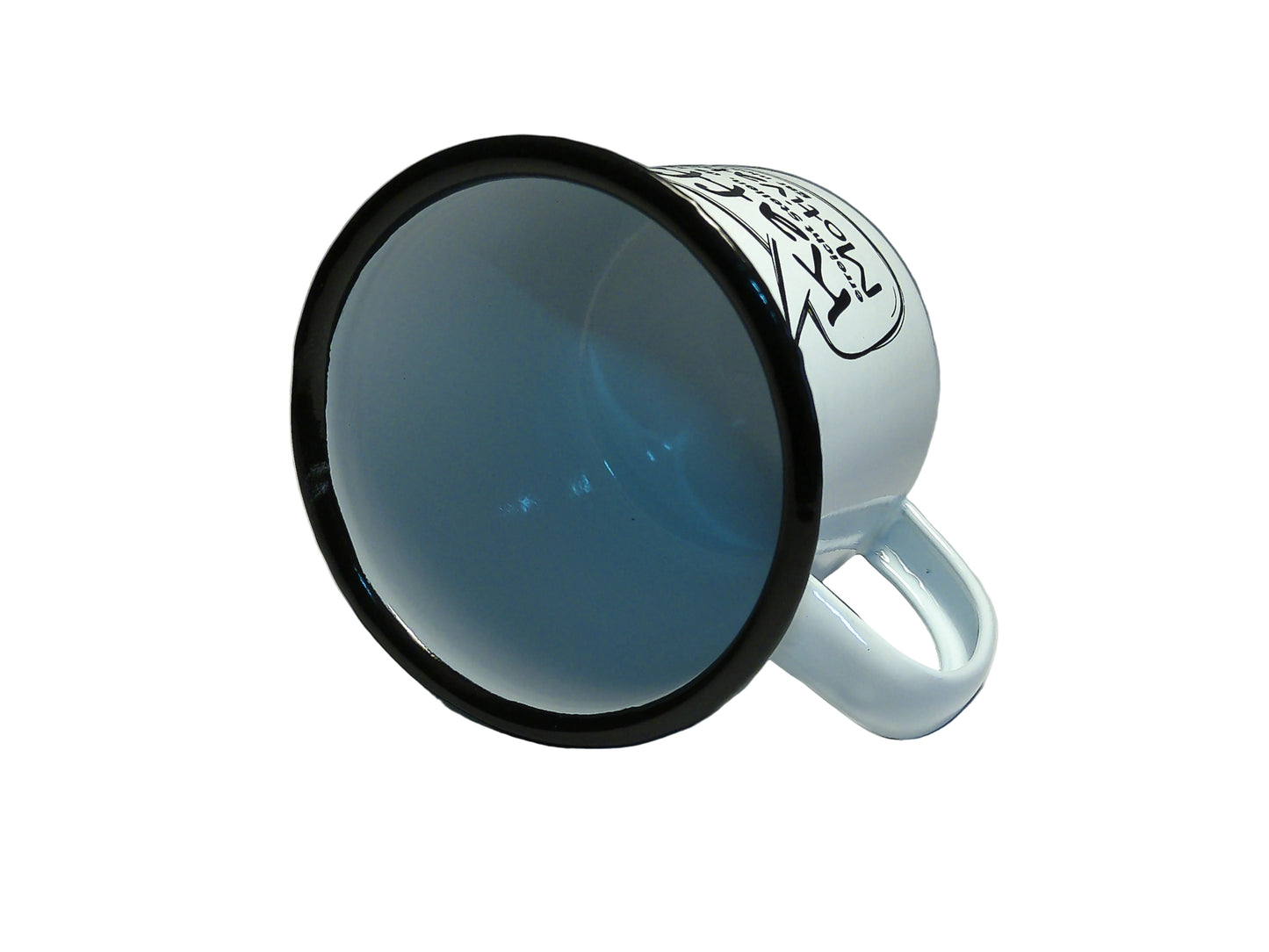 RETRO-Emaille Kaffeebecher 350 ml, schwarz/weiß mit Spruch "Kaffee erreicht Stellen,... "