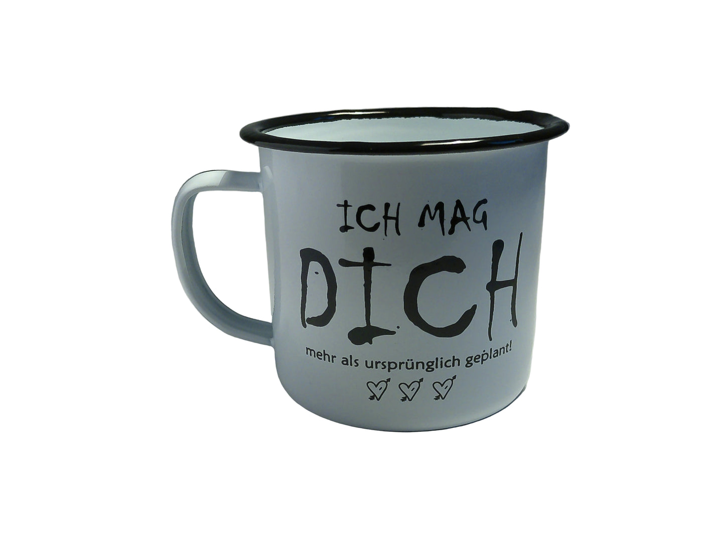 RETRO-Emaille Kaffeebecher 350 ml, schwarz/weiß mit Spruch "ICH MAG DICH..."
