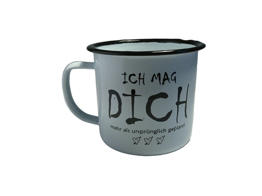 RETRO-Emaille Kaffeebecher 350 ml, schwarz/weiß mit Spruch "ICH MAG DICH..."