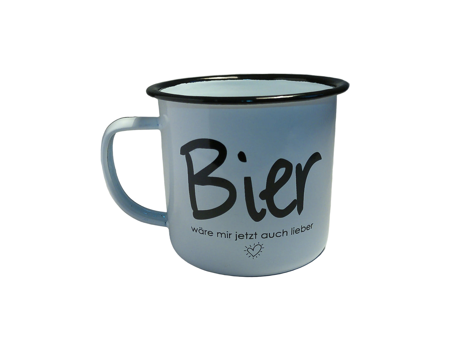 RETRO-Emaille Kaffeebecher 350 ml, schwarz/weiß mit Spruch "Bier..."