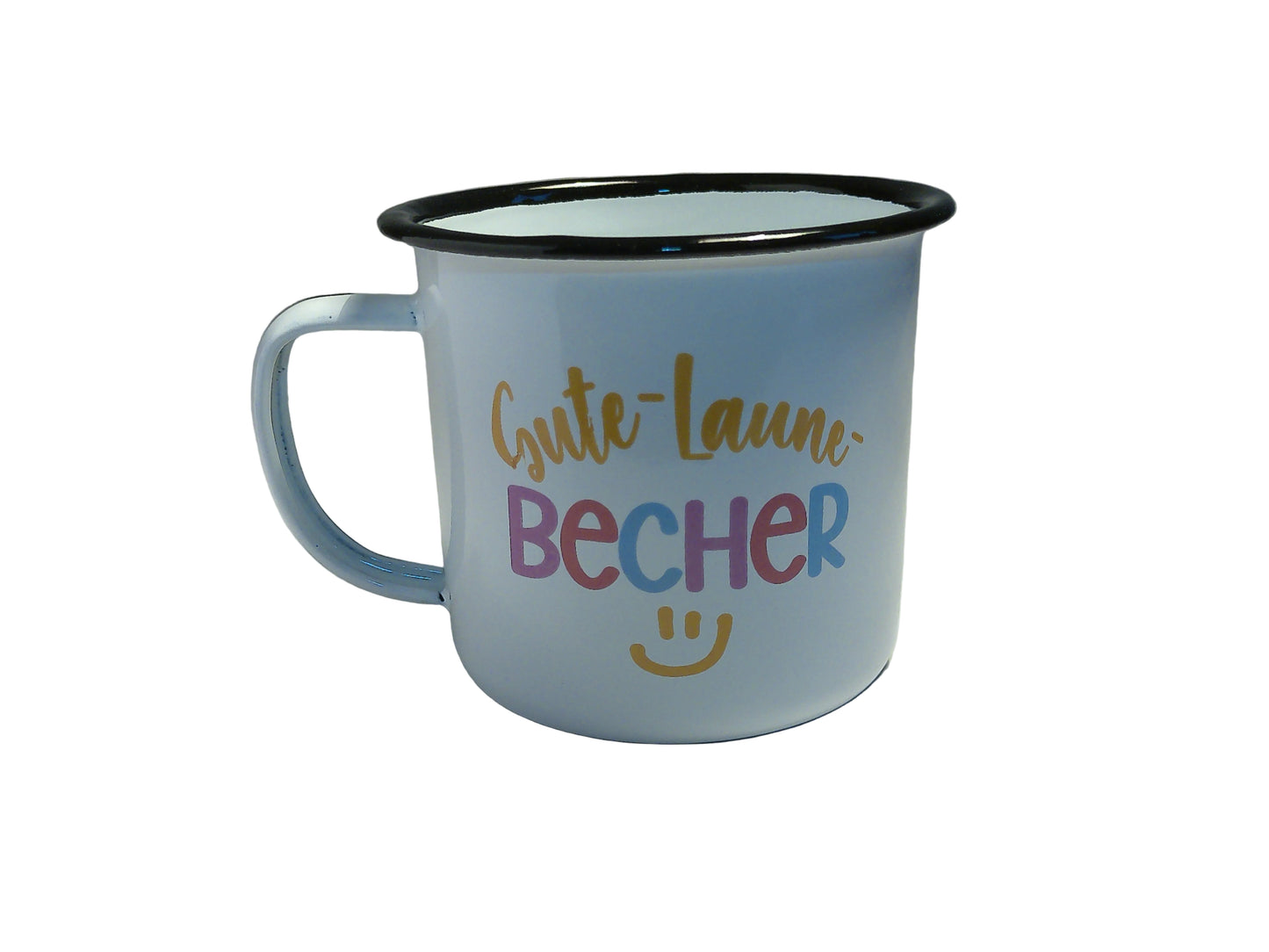 RETRO-Emaille Kaffeebecher 350 ml, bunt mit Spruch "Gute-Laune-BECHER"