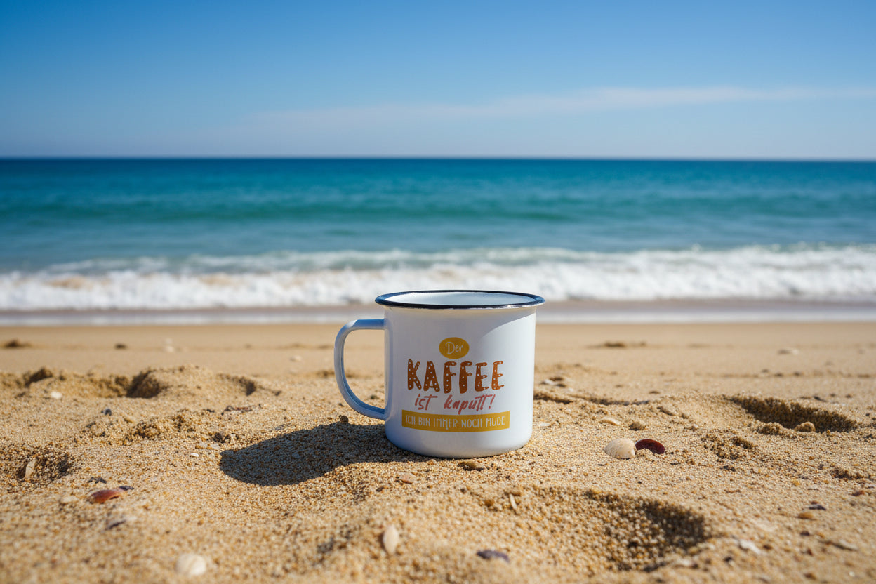 RETRO-Emaille Kaffeebecher 350 ml, bunt mit Spruch "Der KAFFEE ist kaputt!..."