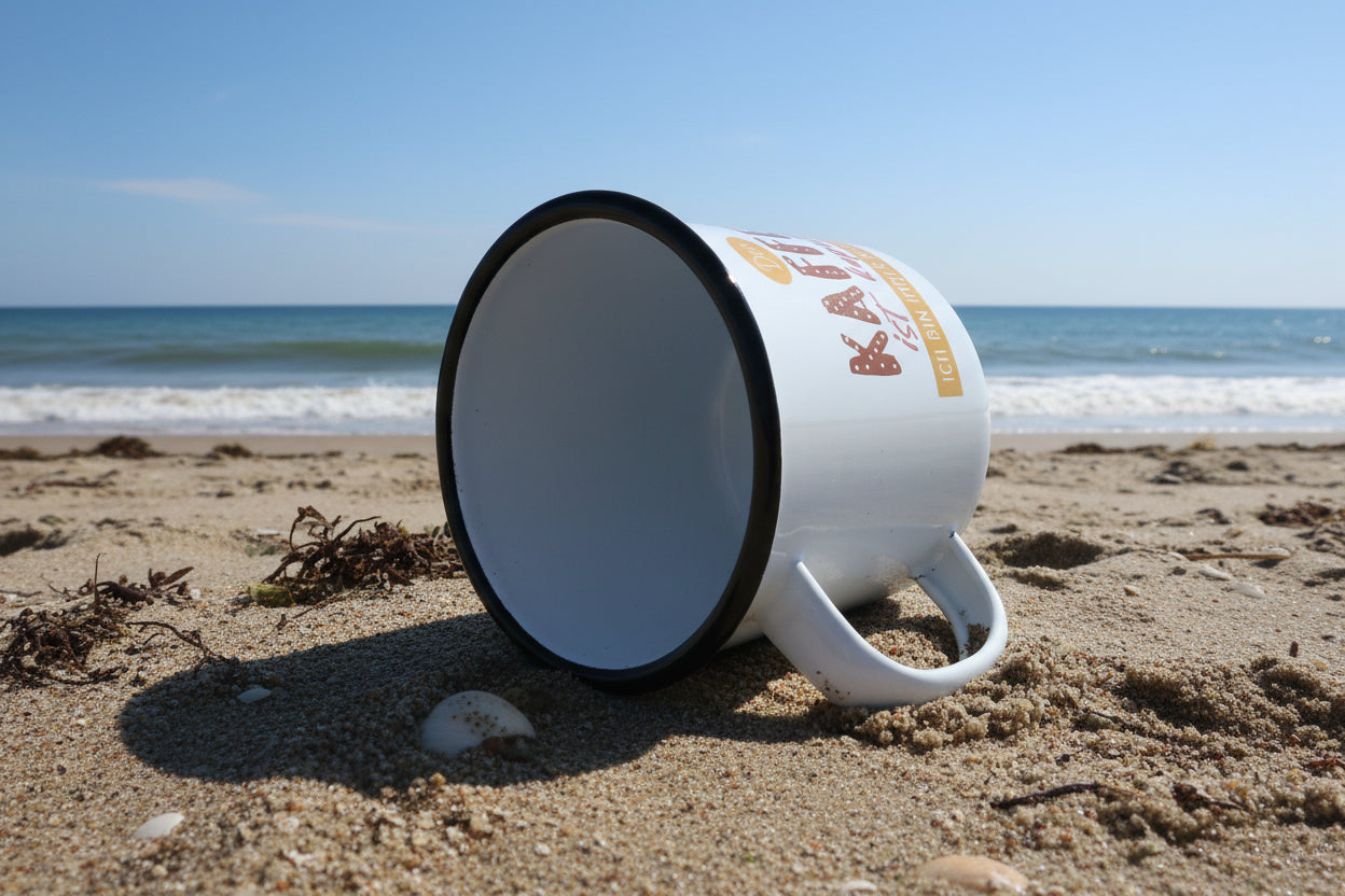 RETRO-Emaille Kaffeebecher 350 ml, bunt mit Spruch "Der KAFFEE ist kaputt!..."