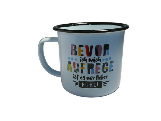RETRO-Emaille Kaffeebecher 350 ml, bunt mit Spruch "Bevor ich mich AUFREGE..."