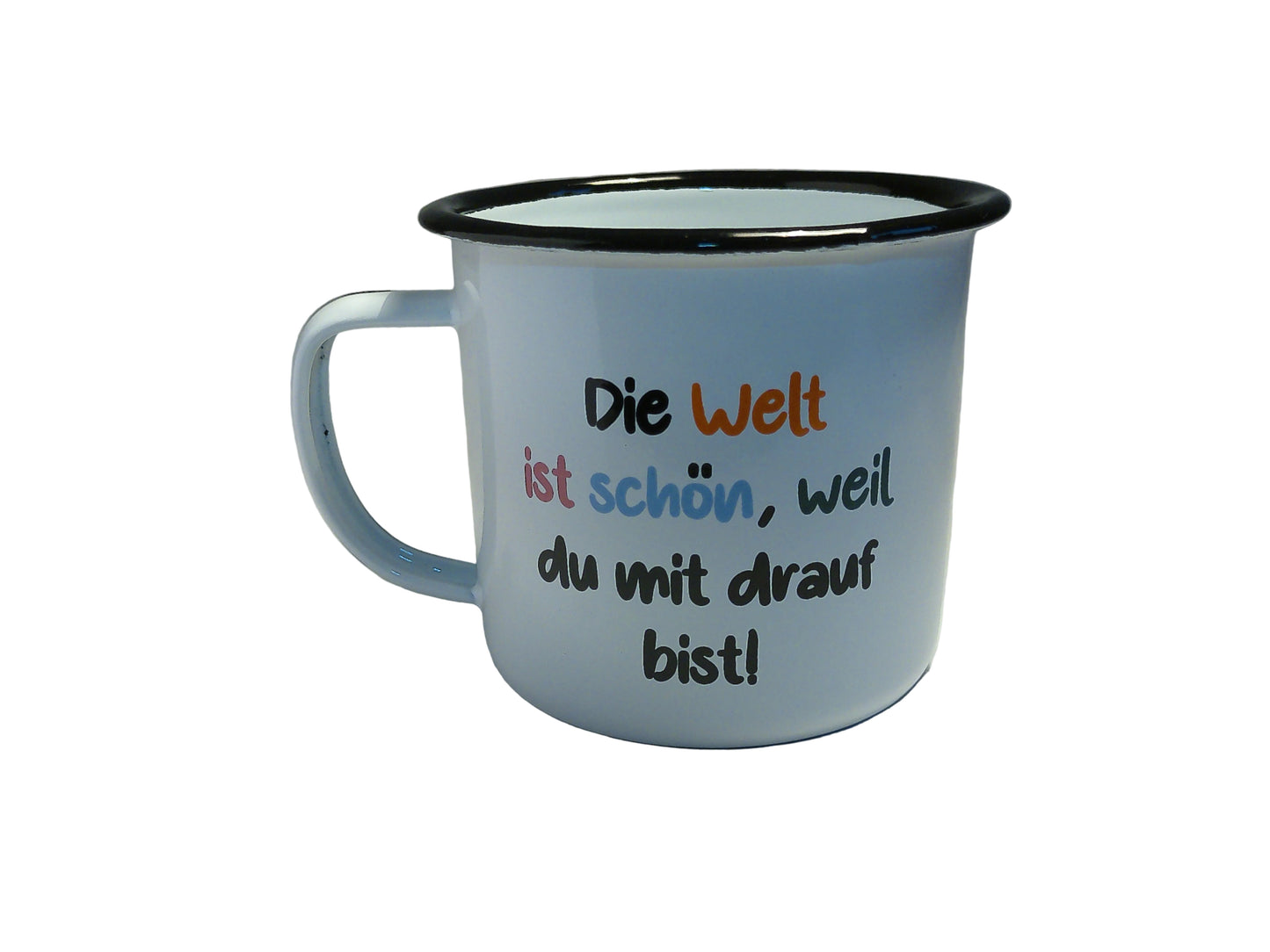 RETRO-Emaille Kaffeebecher 350 ml, bunt mit Spruch "Die Welt ist..."