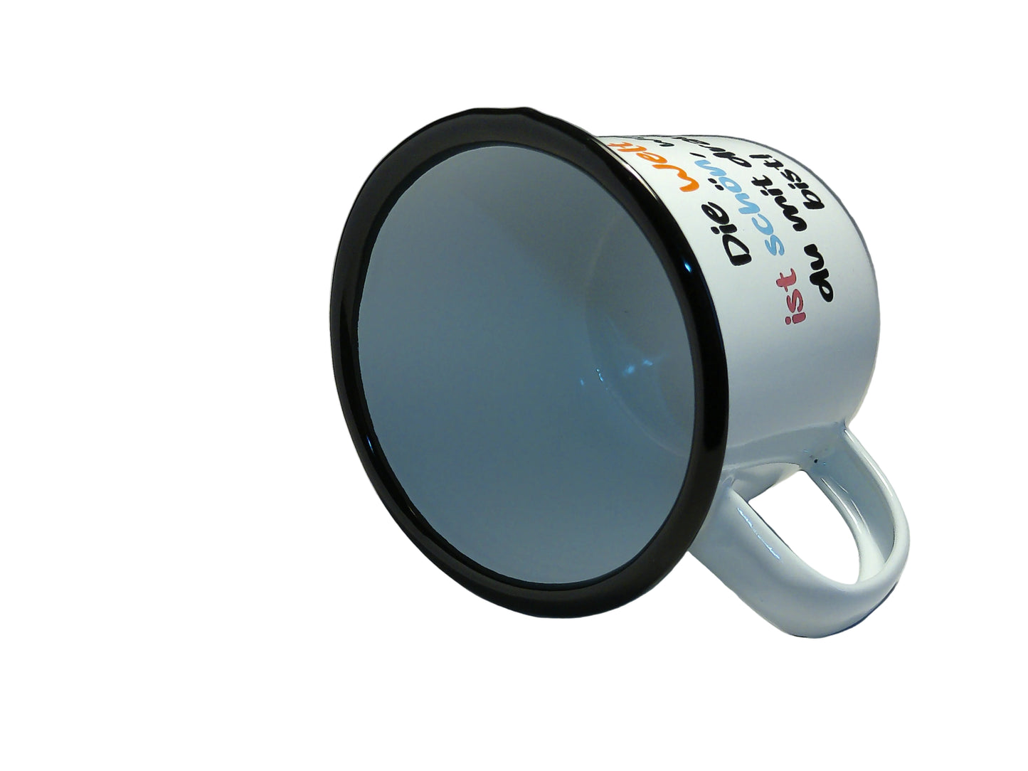 RETRO-Emaille Kaffeebecher 350 ml, bunt mit Spruch "Die Welt ist..."