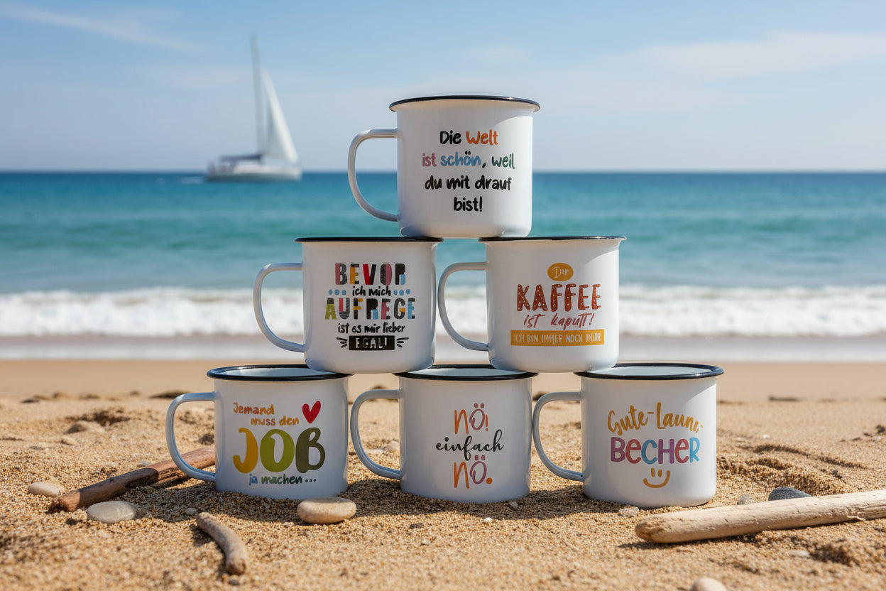 RETRO-Emaille Kaffeebecher 350 ml, bunt mit Spruch "Der KAFFEE ist kaputt!..."