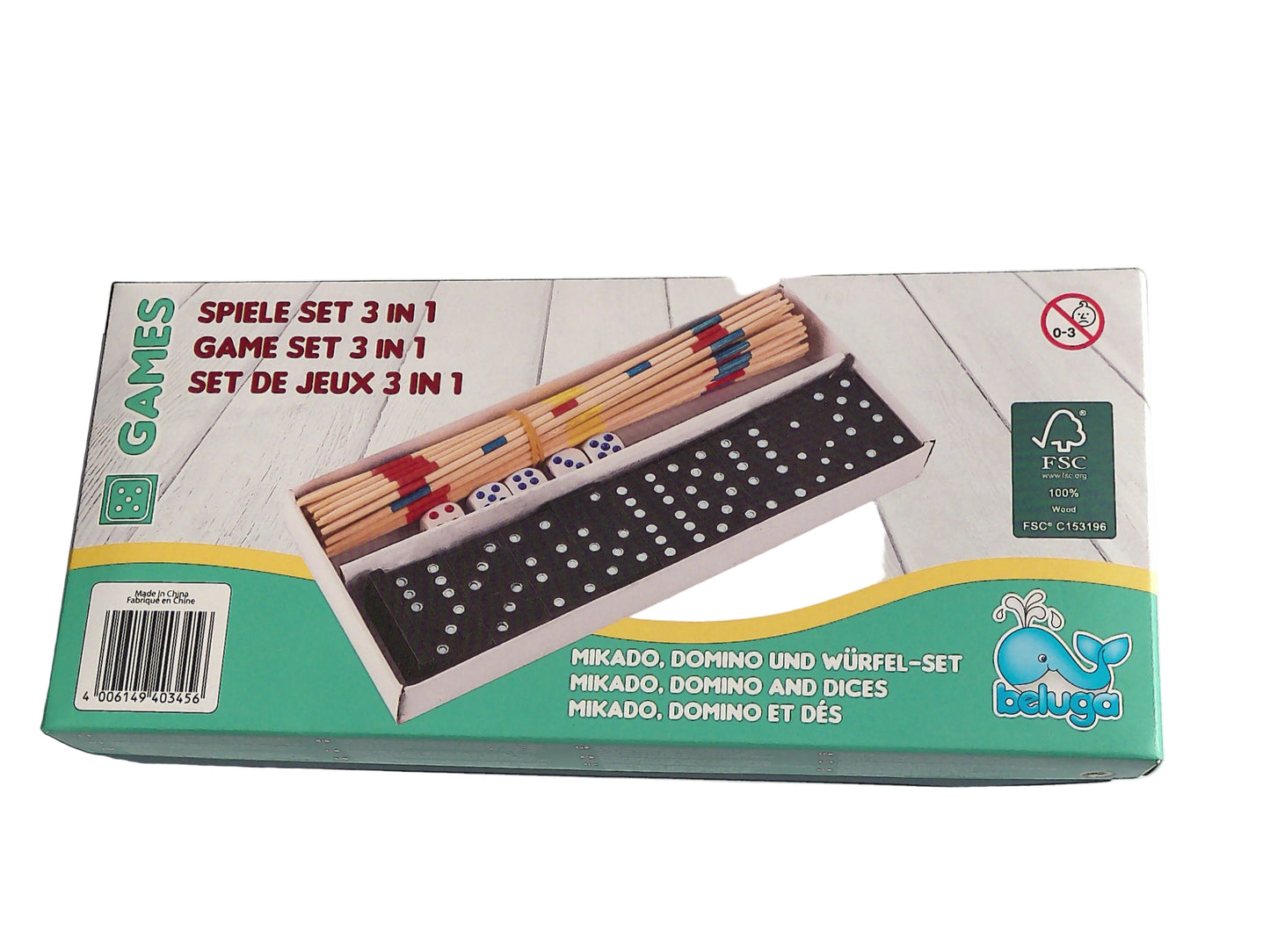 Beluga John Reisespiel 3 in 1 – Würfel, Mikado & Domino (19 × 8,5 cm)