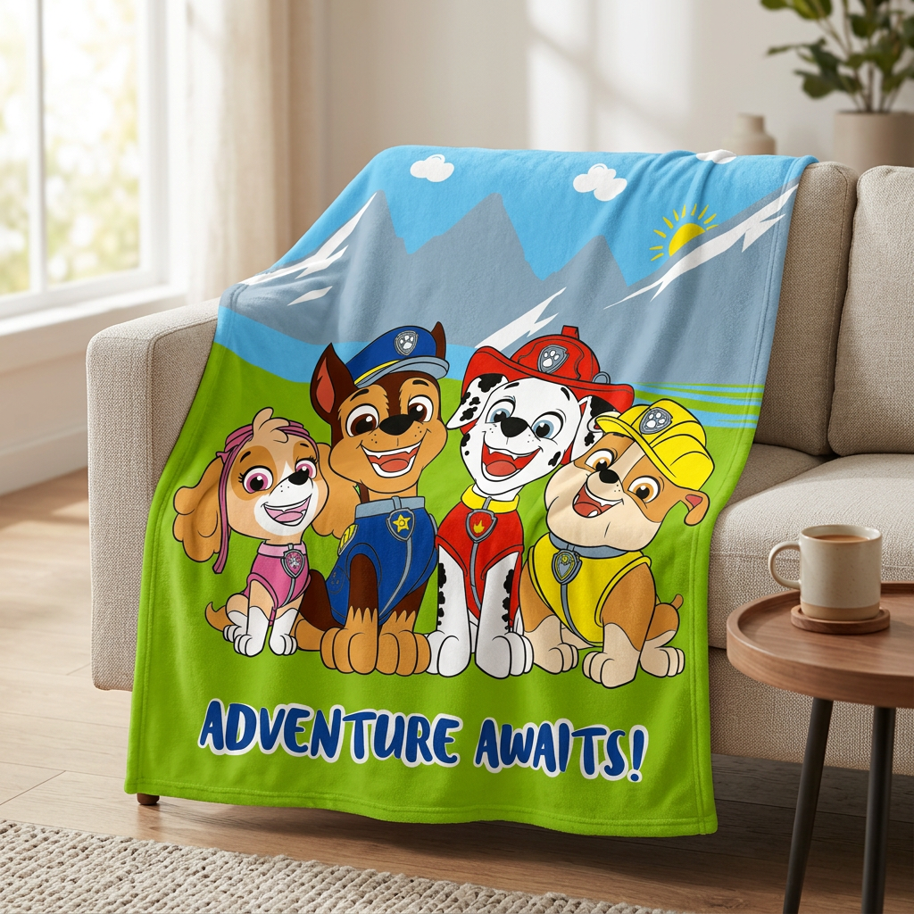 Paw Patrol Kinder-Vliesdecke Adventure Awaits 130 x 170 cm, kuschelig über einem hellen Sofa im Wohnzimmer drapiert