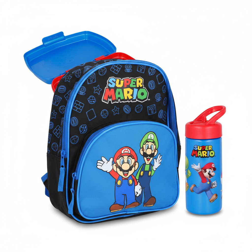 Kindergarten-Set Super Mario – Rucksack, Trinkflasche & Brotdose als Bundle