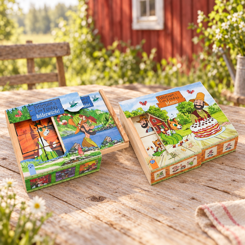Pettersson & Findus Bundle vor einem gemütlichen schwedischen Scheunenhintergrund
